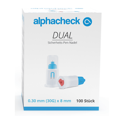 In a white box, the Alphacheck DUAL safety pen needles, various sizes by Berger Med GmbH, with post-use locking are depicted. The packaging specifies the pen needles with dimensions of 0.30 mm (30G) x 8 mm and contains 100 pieces. The image also shows a close-up of a needle enclosed in a clear plastic cap.