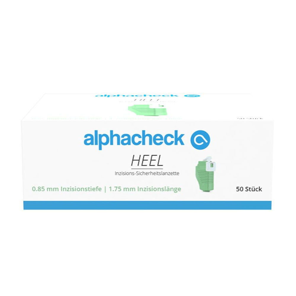 A white box with the brand name 'Berger Med GmbH' in green and blue lettering. The product Alphacheck HEEL incision safety lancets, various sizes, is described as an 'incision safety lancet' with specifications of 0.85 mm incision depth and 1.75 mm incision length for capillary blood collection. The box contains 50 pieces.