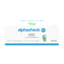 A white box with the brand name 'Berger Med GmbH' in green and blue lettering. The product Alphacheck HEEL incision safety lancets, various sizes, is described as an 'incision safety lancet' with specifications of 0.85 mm incision depth and 1.75 mm incision length for capillary blood collection. The box contains 50 pieces.