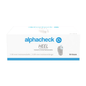 A plain white box labeled 'Alphacheck HEEL incision safety lancets, various sizes' from Berger Med GmbH, with a small image of a medical product on the right side. The German text includes '1.50 mm incision depth' and '3.00 mm incision length' as well as '50 pieces', indicating a quantity of 50 safety lancets for capillary blood collection.
