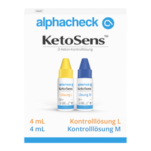 A product image of Alphacheck KetoSens β-Ketone Control Solution L+M | Package (2 bottles) by Berger Med GmbH for keto measuring devices. The image shows a white box with blue and yellow text. Inside the box are two small bottles with colored caps, one yellow (solution L) and one blue (control solution M). The volume is indicated as 4 mL.