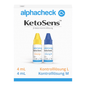A product image of Alphacheck KetoSens β-Ketone Control Solution L+M | Package (2 bottles) by Berger Med GmbH for keto measuring devices. The image shows a white box with blue and yellow text. Inside the box are two small bottles with colored caps, one yellow (solution L) and one blue (control solution M). The volume is indicated as 4 mL.