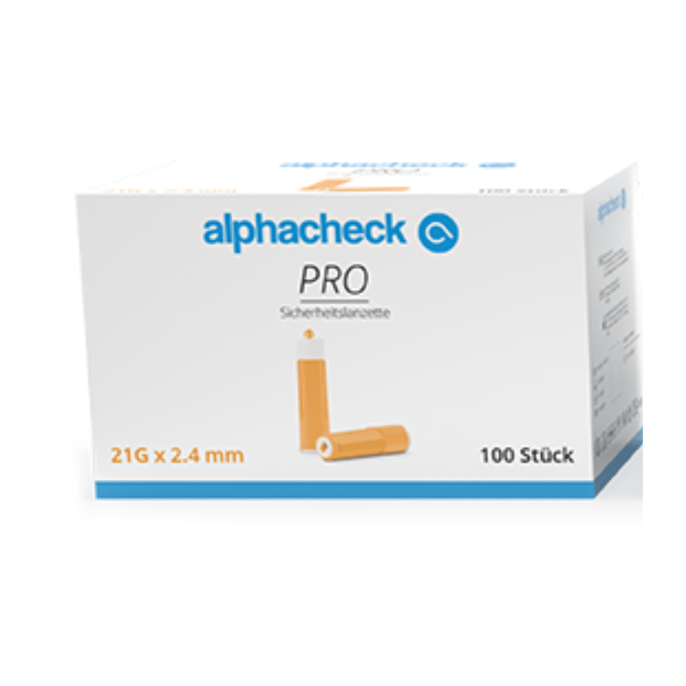 The image shows a white box of Alphacheck PRO safety lancets, various sizes from Berger Med GmbH. The text on the box indicates that the lancets are 21G x 2.4 mm in size and the box contains 100 pieces. On the front of the box, two orange lancets are depicted to visually represent this important tool for capillary blood collection and blood sugar tests.