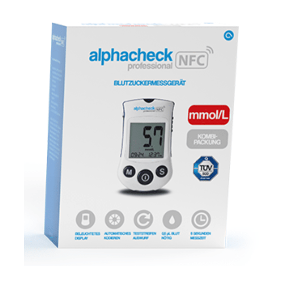 A box of Alphacheck Professional NFC blood glucose meter combo pack | Pack (1 piece) for effective diabetes management. The brand name and features of the device are indicated on the box, including mmol/L unit, illuminated display, automatic coding, test strip ejection, 500 memory slots, and multilingual support. The brand name is Berger Med GmbH.