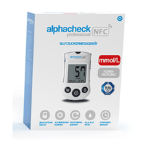 A box of Alphacheck Professional NFC blood glucose meter combo pack | Pack (1 piece) for effective diabetes management. The brand name and features of the device are indicated on the box, including mmol/L unit, illuminated display, automatic coding, test strip ejection, 500 memory slots, and multilingual support. The brand name is Berger Med GmbH.