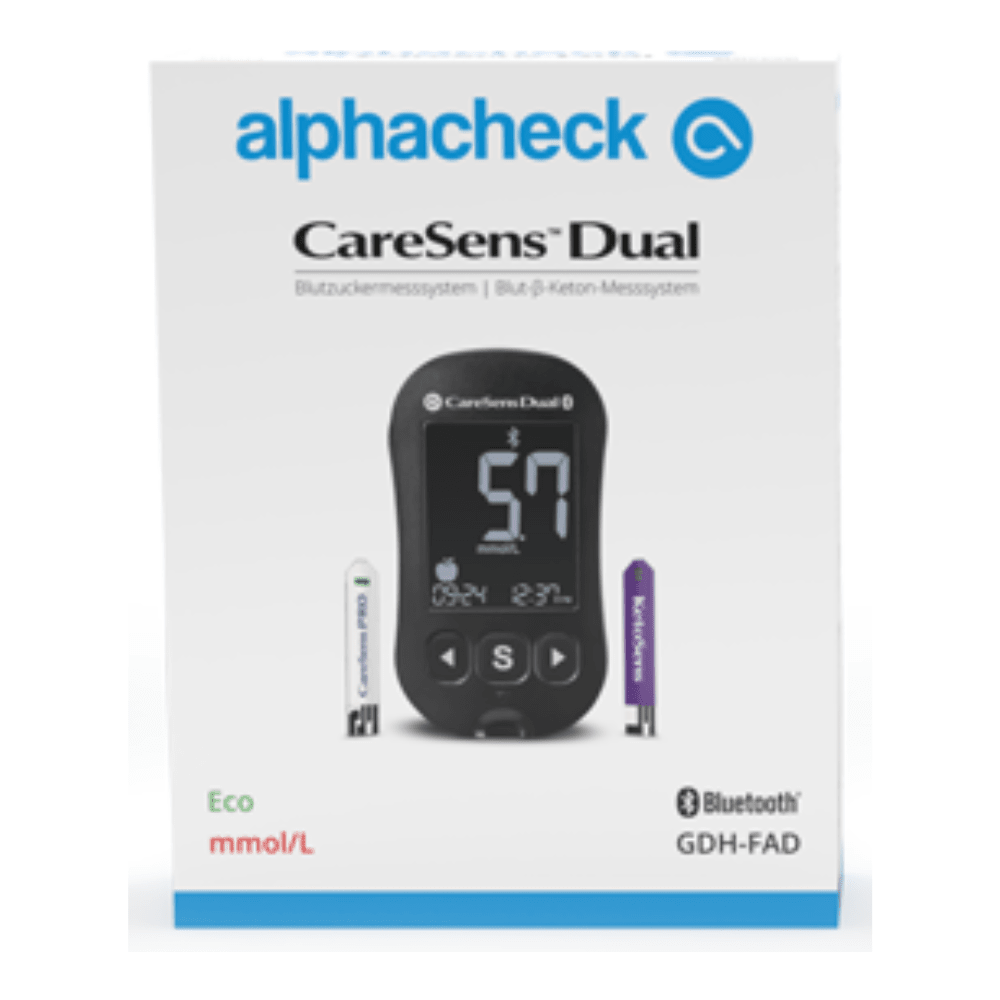 The image shows a box of an Alphacheck CareSens DUAL blood glucose meter eco | Pack (1 piece) from Berger Med GmbH. The box is predominantly white with blue accents and shows the device and test strips. Bluetooth connectivity and eco mmol/L functions are mentioned, highlighting its advanced ketone measurement features.