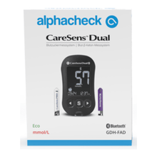 The image shows a box of an Alphacheck CareSens DUAL blood glucose meter eco | Pack (1 piece) from Berger Med GmbH. The box is predominantly white with blue accents and shows the device and test strips. Bluetooth connectivity and eco mmol/L functions are mentioned, highlighting its advanced ketone measurement features.
