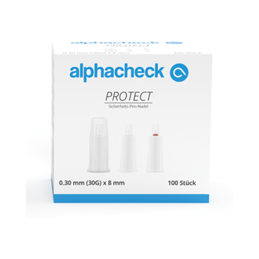 A white box with blue text reading "Alphacheck PROTECT safety pen needles, various sizes" and "Safety pen needle." The box, intended for insulin injections, contains 100 pieces of 0.30 mm (30G) x 8 mm safety pen needles. On the front of the box, three safety pen needles are depicted in various stages of assembly. Brand name: Berger Med GmbH