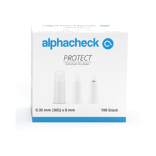 A white box with blue text reading "Alphacheck PROTECT safety pen needles, various sizes" and "Safety pen needle." The box, intended for insulin injections, contains 100 pieces of 0.30 mm (30G) x 8 mm safety pen needles. On the front of the box, three safety pen needles are depicted in various stages of assembly. Brand name: Berger Med GmbH