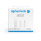 A white box with blue text reading "Alphacheck PROTECT safety pen needles, various sizes" and "Safety pen needle." The box, intended for insulin injections, contains 100 pieces of 0.30 mm (30G) x 8 mm safety pen needles. On the front of the box, three safety pen needles are depicted in various stages of assembly. Brand name: Berger Med GmbH