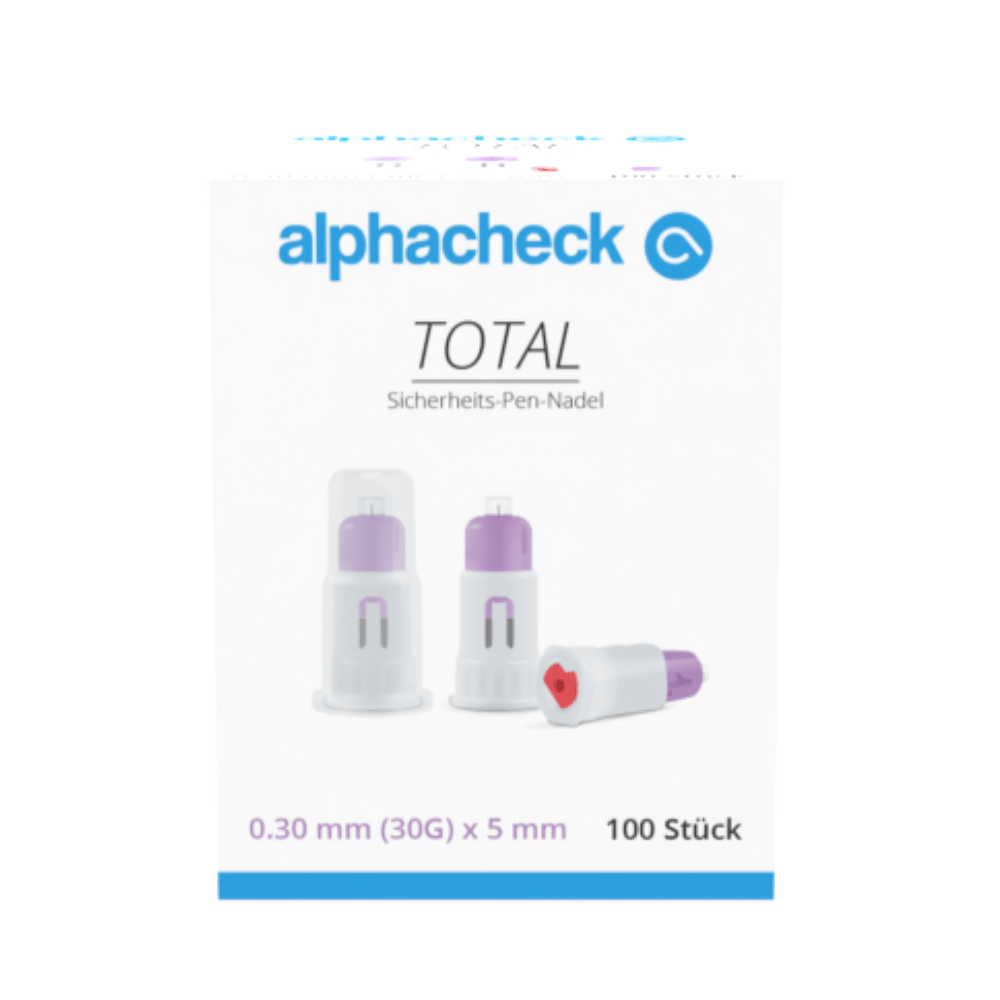 A package of Alphacheck TOTAL Safety Pen Needle 30G x 5 mm from Berger Med GmbH, pictured against a white background. The packaging shows two needle tips with purple and red caps, clearly indicating the needle size (0.30 mm x 5 mm) and a quantity of 100 pieces, ideal for insulin pens.