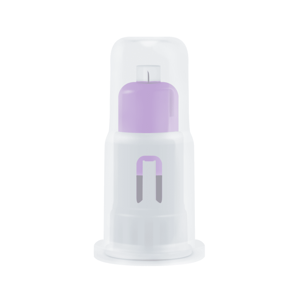 A close-up of the Alphacheck TOTAL Safety Pen Needle 30G x 5 mm from Berger Med GmbH, showing its rectangular white-purple design with a transparent cap. The device features a window on its white body, similar to those on insulin pens, with the purple nozzle visible through the top of the cap.