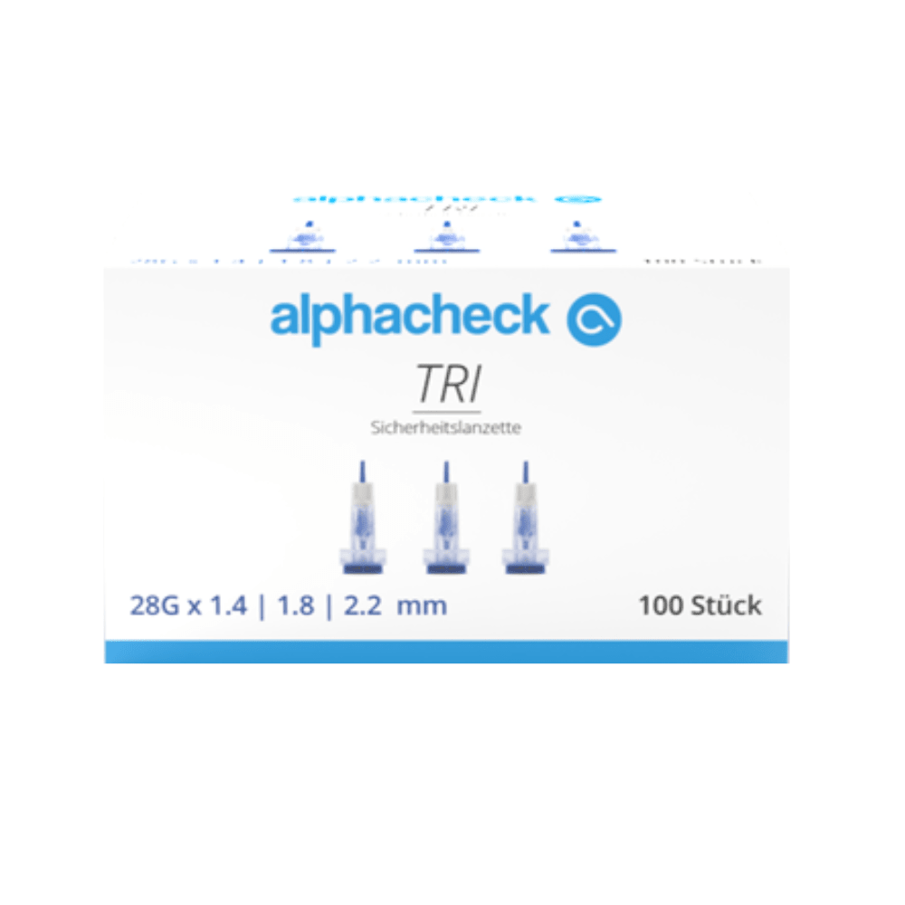 Pictured is a box labeled "Alphacheck TRI Safety Lancets 28G | Pack (100 pieces)" by Berger Med GmbH. It contains 100 safety lancets with dimensions 28G x 1.4 mm, 1.8 mm, and 2.2 mm for capillary blood sampling. On the front of the box, there are images of three lancets and text in shades of blue and black describing the safety mechanism.

