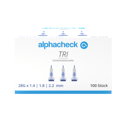 Pictured is a box labeled "Alphacheck TRI Safety Lancets 28G | Pack (100 pieces)" by Berger Med GmbH. It contains 100 safety lancets with dimensions 28G x 1.4 mm, 1.8 mm, and 2.2 mm for capillary blood sampling. On the front of the box, there are images of three lancets and text in shades of blue and black describing the safety mechanism.
