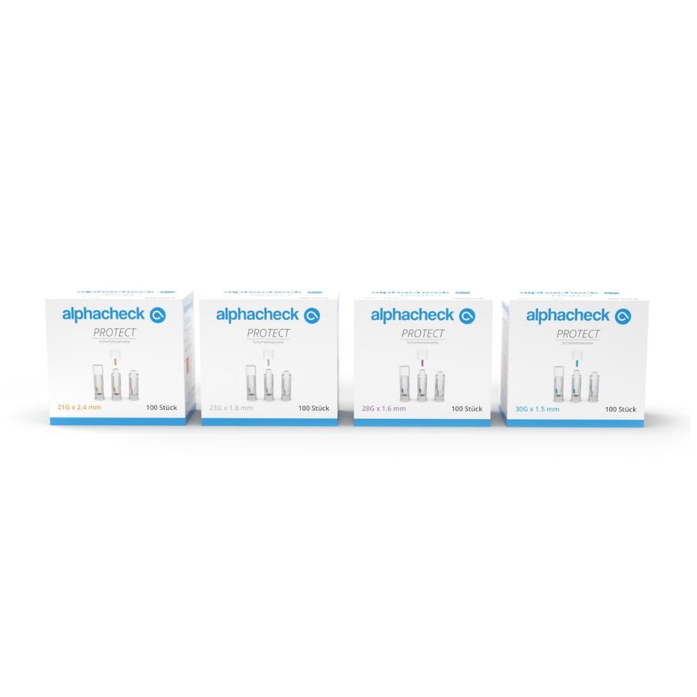 Four boxes of Alphacheck PROTECT safety lancets from Berger Med GmbH, designed for painless blood collection, are presented in a row against a plain white background. Each box contains 100 sticks of different sizes and highlights the sustainable material usage on the packaging.