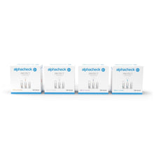 Four boxes of Alphacheck PROTECT safety lancets from Berger Med GmbH, designed for painless blood collection, are presented in a row against a plain white background. Each box contains 100 sticks of different sizes and highlights the sustainable material usage on the packaging.