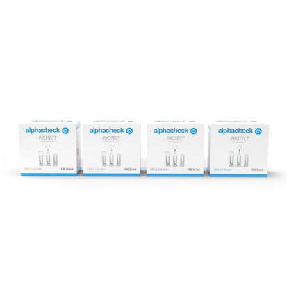 Four boxes of Alphacheck PROTECT safety lancets from Berger Med GmbH, designed for painless blood collection, are presented in a row against a plain white background. Each box contains 100 sticks of different sizes and highlights the sustainable material usage on the packaging.