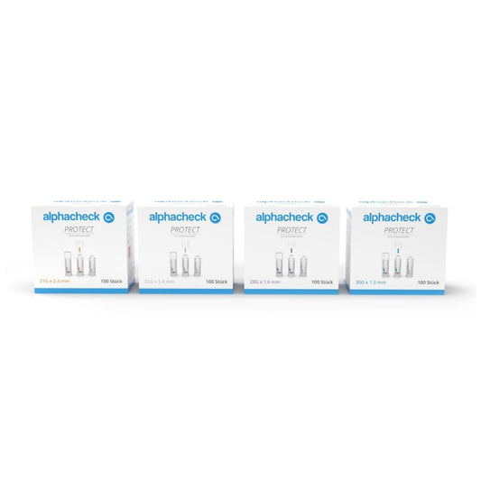 Four boxes of Alphacheck PROTECT safety lancets from Berger Med GmbH, designed for painless blood collection, are presented in a row against a plain white background. Each box contains 100 sticks of different sizes and highlights the sustainable material usage on the packaging.