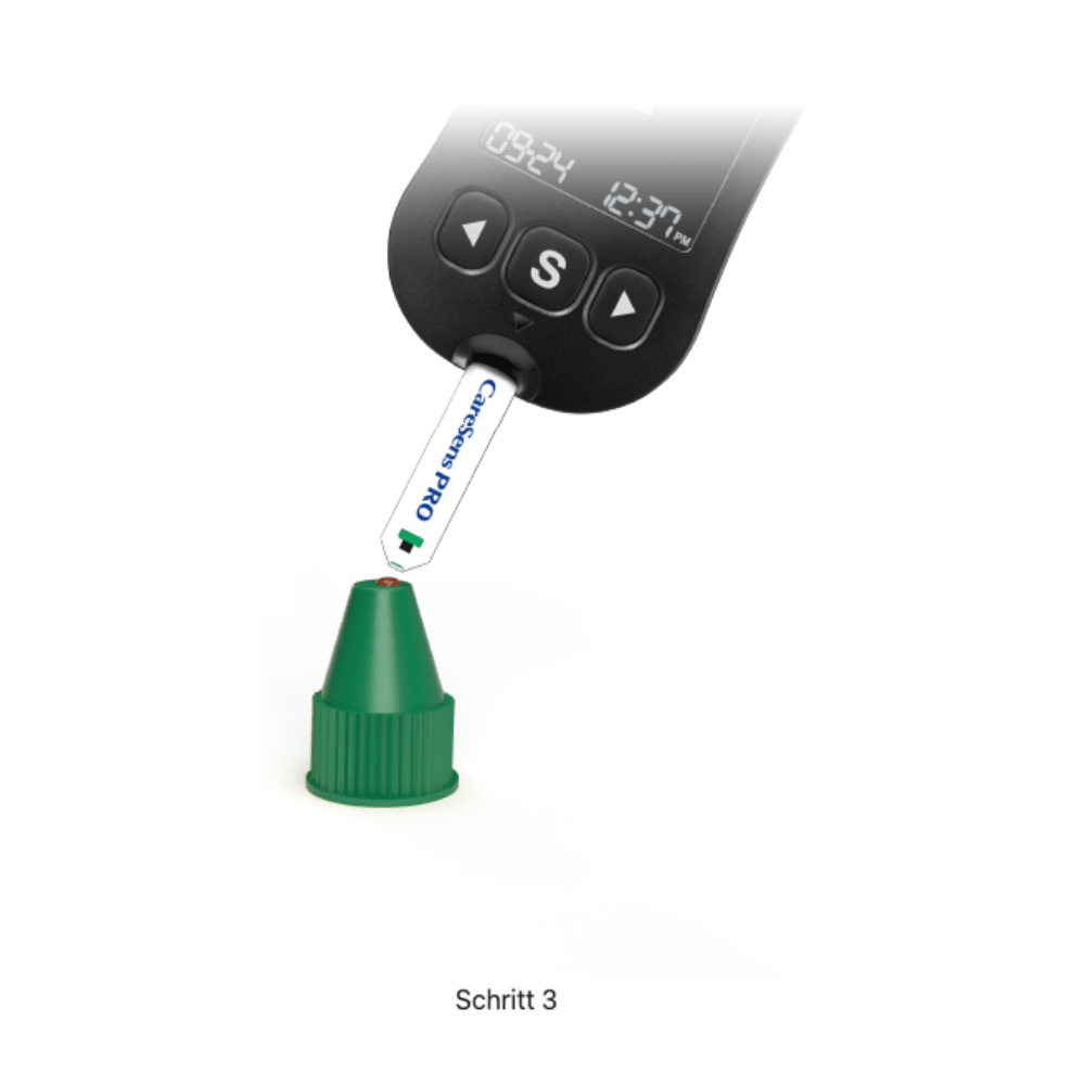 Pictured is a blood glucose meter with a digital display and the inscription "Step 3" in German, into which a test strip is inserted. The test strip, typically used for practice measurements with Alphacheck CareSens PRO Control Solution L+H | Pack (2 bottles) from Berger Med GmbH, is positioned over a green cap.
