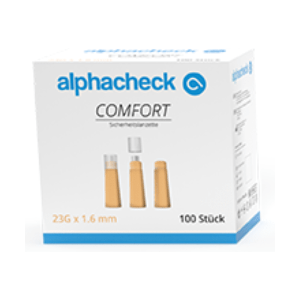 A white box labeled "Alphacheck comfort safety lancets" by Berger Med GmbH, containing 100 lancets measuring 23G x 1.6 mm. The box shows images of three lancets in different states: with cap, partially without cap, and completely without cap. The German text on the packaging highlights important features such as "painless blood collection" for safe and painless blood sampling.