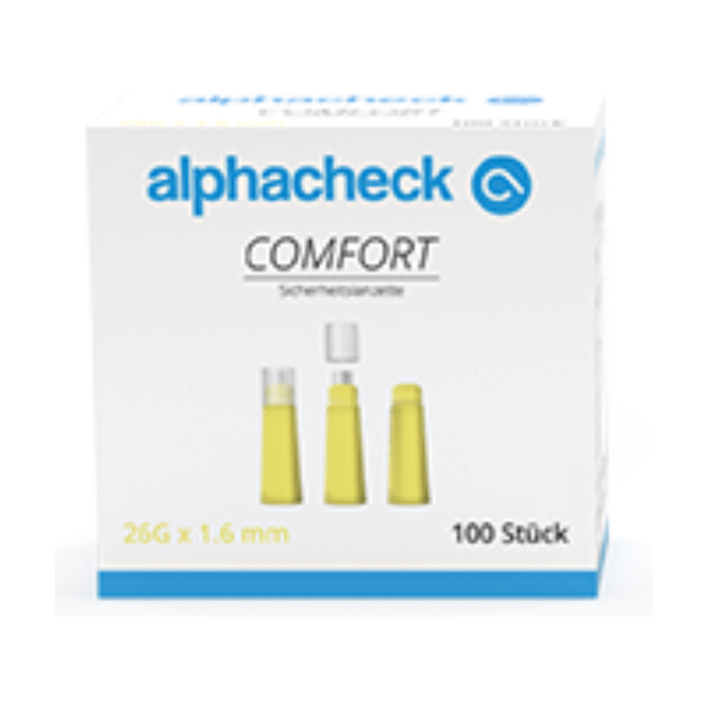 A white box labeled "Alphacheck comfort safety lancets" by Berger Med GmbH contains 100 pieces of 26G x 1.6 mm safety lancets. On the front of the box, yellow lancets are depicted, shown in three different stages – with cap on, partially removed, and completely removed, ensuring gentle blood collection through high-speed puncture (painless blood collection through high-speed puncture).