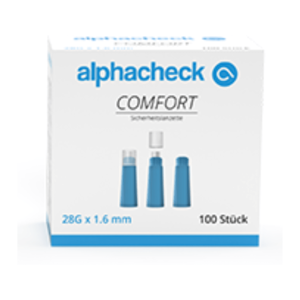 In a box labeled "Alphacheck comfort safety lancets" by Berger Med GmbH, there are three blue lancet devices for painless blood collection. The front indicates that the lancets are 28G x 1.6 mm in size and come in a pack of 100 pieces.