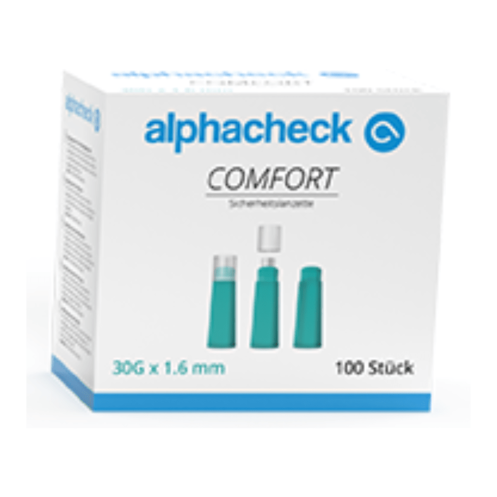 The image shows a box of Alphacheck comfort safety lancets, various sizes by Berger Med GmbH. The white box with blue and turquoise accents shows three types of lancets, with "30G x 1.6 mm" for painless blood collection and "100 pieces," indicating the gauge, length, and number of lancets.