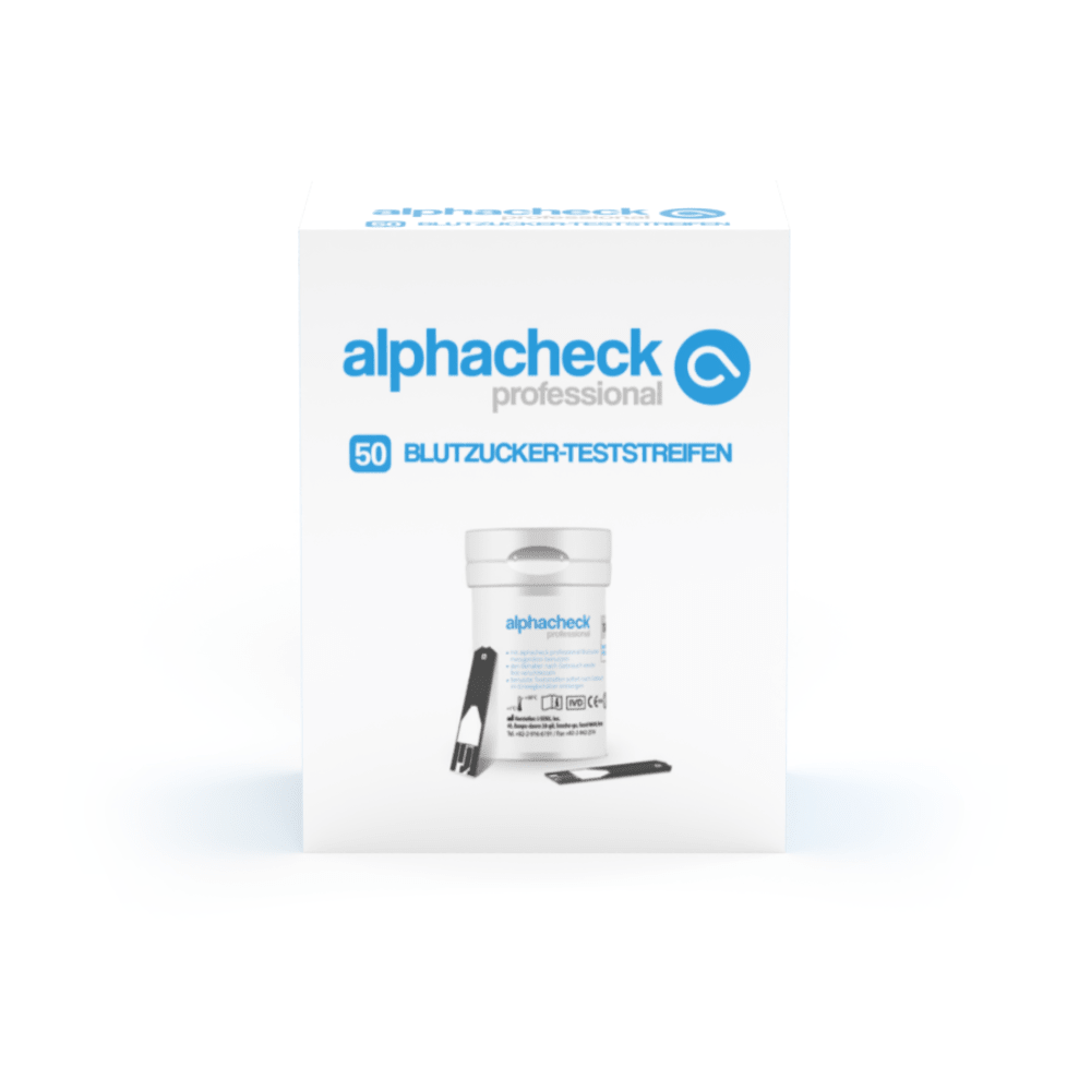 The image shows a package of Alphacheck professional blood glucose test strips | Package (50 pieces) from Berger Med GmbH. On the front of the package, there is a container with test strips and a single test strip depicted. The package contains German text, including the sentence "Blood glucose test strips" and the number 50, ideal for diabetes monitoring.