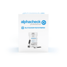 The image shows a package of Alphacheck professional blood glucose test strips | Package (50 pieces) from Berger Med GmbH. On the front of the package, there is a container with test strips and a single test strip depicted. The package contains German text, including the sentence "Blood glucose test strips" and the number 50, ideal for diabetes monitoring.