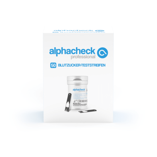 The image shows a package of Alphacheck professional blood glucose test strips | Package (50 pieces) from Berger Med GmbH. On the front of the package, there is a container with test strips and a single test strip depicted. The package contains German text, including the sentence "Blood glucose test strips" and the number 50, ideal for diabetes monitoring.