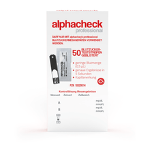 Image of an Alphacheck Professional blood glucose test strip, blistered | Pack (50 pieces) from Berger Med GmbH. The label on the front shows that it contains 50 blood glucose test strips and promises accurate results in 5 seconds through capillary action. The text is in German, contains detailed information on dosage and measurement, and includes the product code "PZN: 10329014".