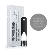 A blood glucose test strip with the inscription "Alphacheck professional blood glucose test strips, blistered | Pack (50 pieces)" from Berger Med GmbH is displayed. The blood glucose test strip is partially in a protective white packaging with German inscription, recommending its use for hygienic reasons and to reduce the risk of infection (MRSA, Noro, and Coronavirus).