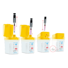 A step-by-step illustration showing the use of a Berger Med GmbH Alphacheck professional disposal box for pen needles | Package (1 piece) with a yellow lid for disposing of pen needles. The steps include inserting the needle, sealing it in the container, and a close-up of the cap after disposal.
