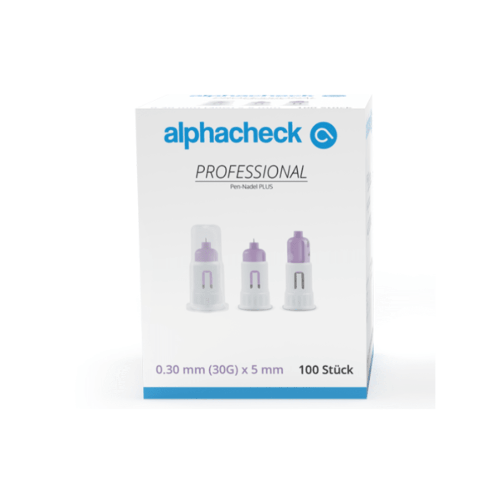 A box of Alphacheck Professional Pen Needle PLUS, various sizes, for insulin injections. The box shows an image of the sterile needles and indicates the size: 0.30 mm (30G) x 5 mm. It contains 100 pieces from Berger Med GmbH.