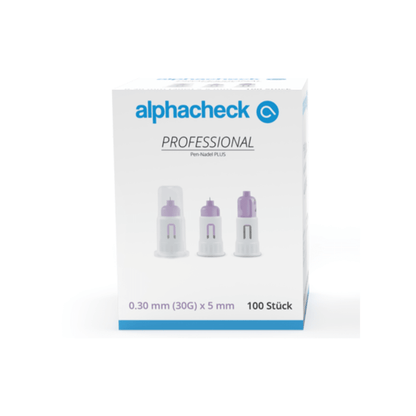 A box of Alphacheck Professional Pen Needle PLUS, various sizes, for insulin injections. The box shows an image of the sterile needles and indicates the size: 0.30 mm (30G) x 5 mm. It contains 100 pieces from Berger Med GmbH.