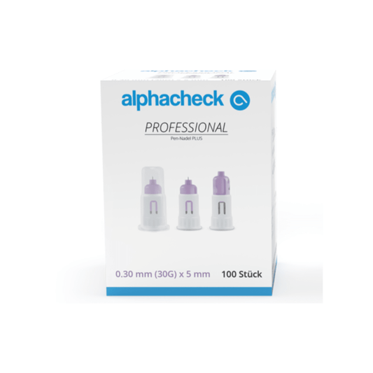 A box of Alphacheck Professional Pen Needle PLUS, various sizes, for insulin injections. The box shows an image of the sterile needles and indicates the size: 0.30 mm (30G) x 5 mm. It contains 100 pieces from Berger Med GmbH.