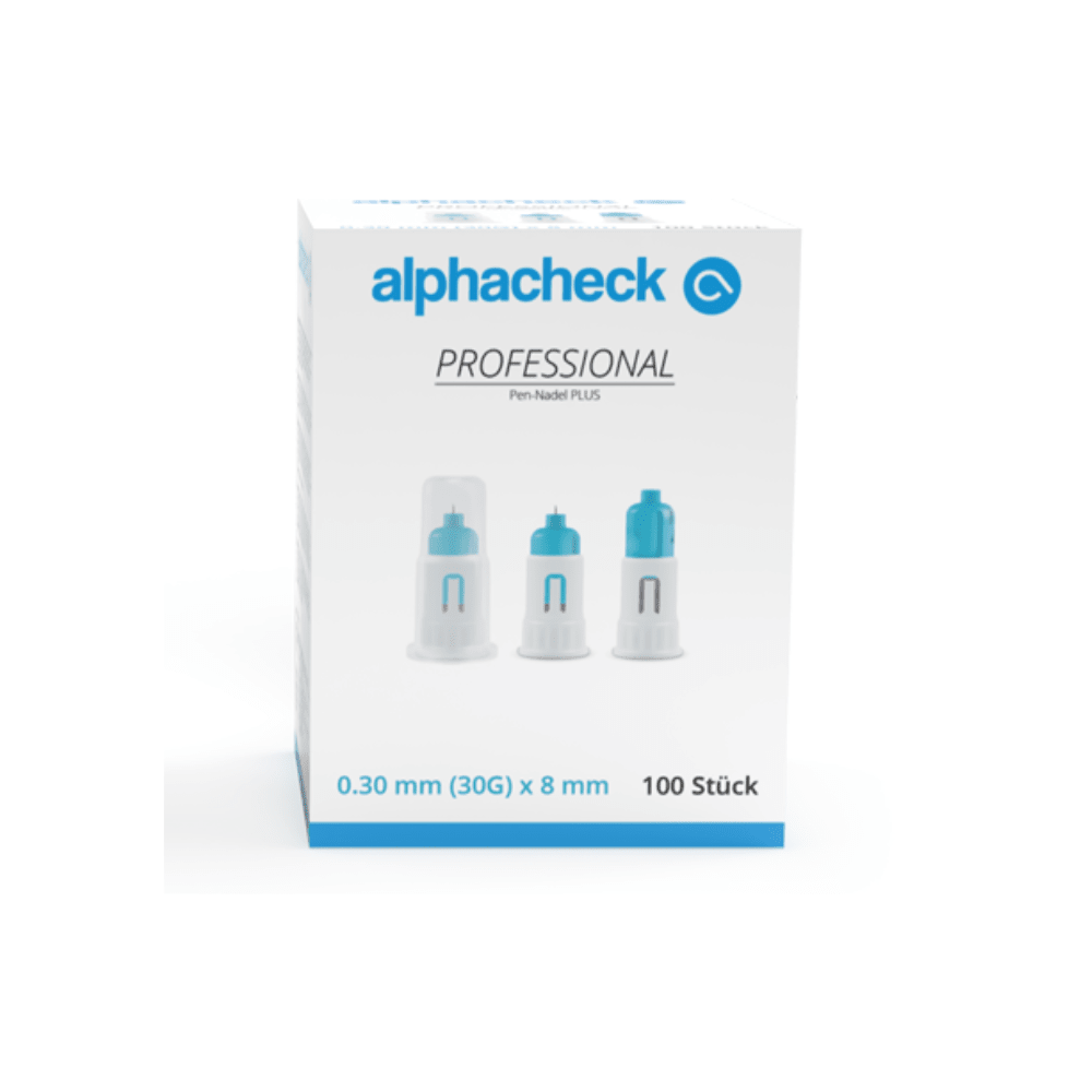 A box of Alphacheck Professional Pen Needle PLUS, various sizes. The white box with blue accents contains 100 sterile needles, 0.30 mm (30G) x 8 mm for insulin injections. The front shows images of three pen needles with text in blue and black from Berger Med GmbH.