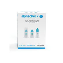 A box of Alphacheck Professional Pen Needle PLUS, various sizes. The white box with blue accents contains 100 sterile needles, 0.30 mm (30G) x 8 mm for insulin injections. The front shows images of three pen needles with text in blue and black from Berger Med GmbH.