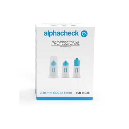A box of Alphacheck Professional Pen Needle PLUS, various sizes. The white box with blue accents contains 100 sterile needles, 0.30 mm (30G) x 8 mm for insulin injections. The front shows images of three pen needles with text in blue and black from Berger Med GmbH.
