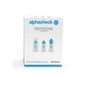 A box of Alphacheck Professional Pen Needle PLUS, various sizes. The white box with blue accents contains 100 sterile needles, 0.30 mm (30G) x 8 mm for insulin injections. The front shows images of three pen needles with text in blue and black from Berger Med GmbH.