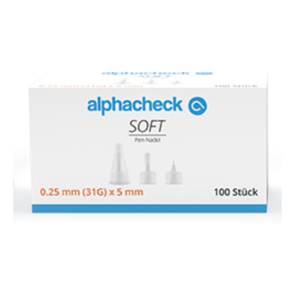 Pictured is a white box labeled "Alphacheck soft Pen Needles, various sizes, 100 pieces/pack" from Berger Med GmbH, containing 100 pieces. The box shows images of three different needle types ideal for insulin injection, and indicates "0.25 mm (31G) x 5 mm" in orange text at the bottom left and "100 pieces" at the bottom right.
