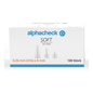 Pictured is a white box labeled "Alphacheck soft Pen Needles, various sizes, 100 pieces/pack" from Berger Med GmbH, containing 100 pieces. The box shows images of three different needle types ideal for insulin injection, and indicates "0.25 mm (31G) x 5 mm" in orange text at the bottom left and "100 pieces" at the bottom right.