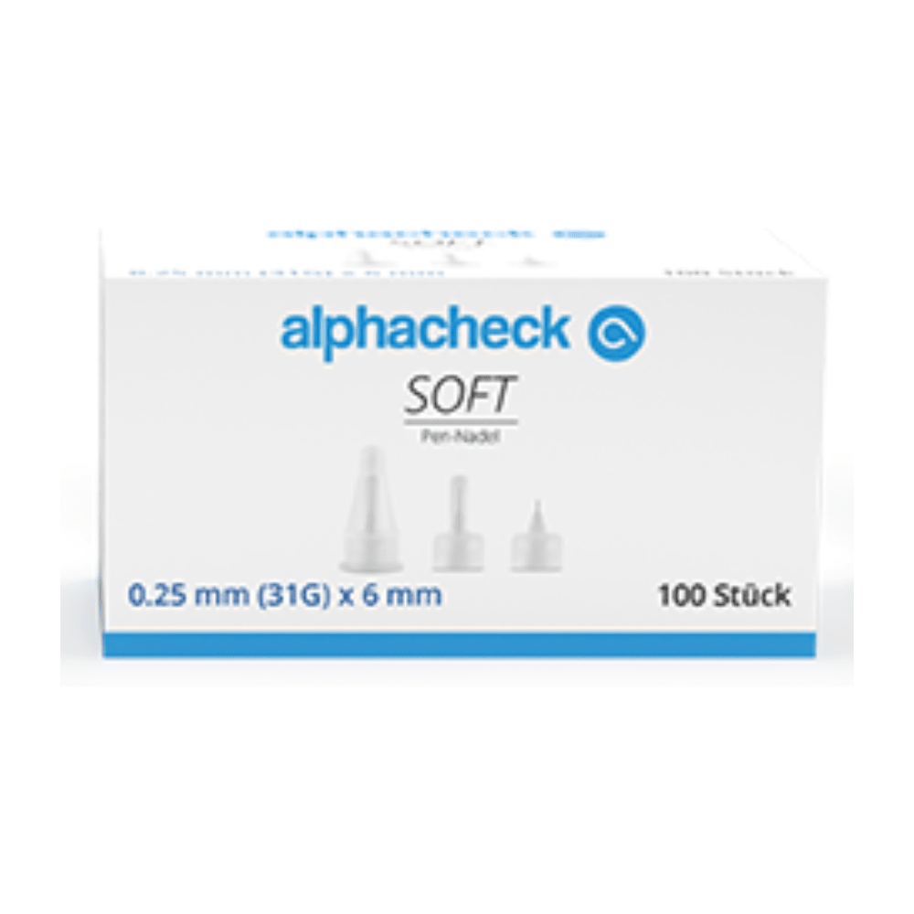 A white box with blue and gray text, labeled "Alphacheck soft Pen Needles, various sizes, 100 pieces/pack" and "0.25 mm (31G) x 6 mm". The box features images of pen needles in various sizes for insulin injection and "100 pieces" is shown in the lower right corner. The displayed brand name is Berger Med GmbH.