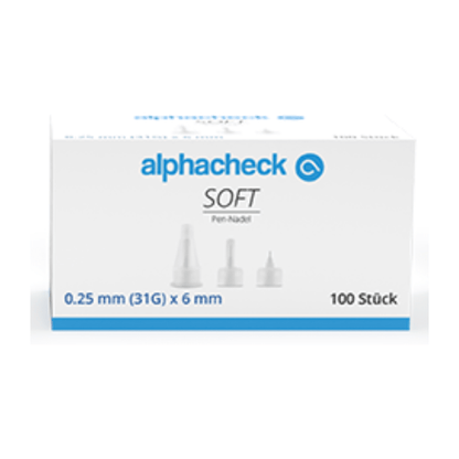 A white box with blue and gray text, labeled "Alphacheck soft Pen Needles, various sizes, 100 pieces/pack" and "0.25 mm (31G) x 6 mm". The box features images of pen needles in various sizes for insulin injection and "100 pieces" is shown in the lower right corner. The displayed brand name is Berger Med GmbH.
