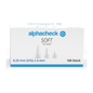 A white box with blue and gray text, labeled "Alphacheck soft Pen Needles, various sizes, 100 pieces/pack" and "0.25 mm (31G) x 6 mm". The box features images of pen needles in various sizes for insulin injection and "100 pieces" is shown in the lower right corner. The displayed brand name is Berger Med GmbH.