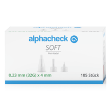 A white box with a blue label "alphacheck SOFT Pen Needle" contains 105 Alphacheck Soft Pen Needles, various sizes, 105 pieces/pack from Berger Med GmbH, with dimensions 0.23 mm (32G) x 4 mm. The needles are ideal for insulin injections and have a silicone coating. The box displays images of the needles, their caps, and text in German on the front.