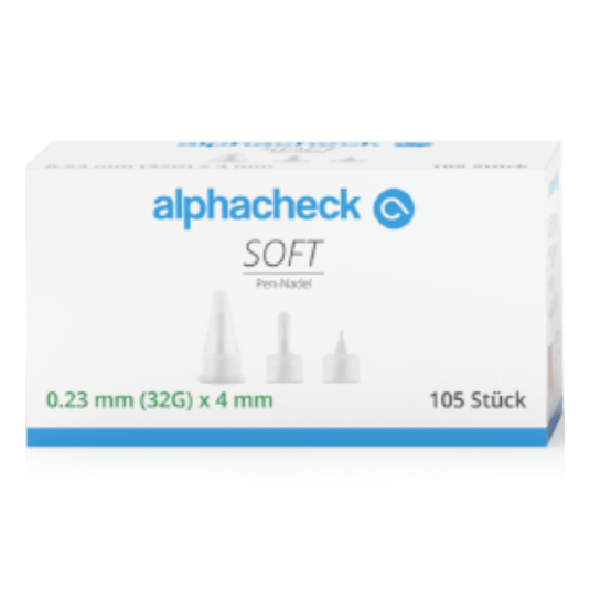 A white box with a blue label "alphacheck SOFT Pen Needle" contains 105 Alphacheck Soft Pen Needles, various sizes, 105 pieces/pack from Berger Med GmbH, with dimensions 0.23 mm (32G) x 4 mm. The needles are ideal for insulin injections and have a silicone coating. The box displays images of the needles, their caps, and text in German on the front.