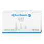 A white box with a blue label "alphacheck SOFT Pen Needle" contains 105 Alphacheck Soft Pen Needles, various sizes, 105 pieces/pack from Berger Med GmbH, with dimensions 0.23 mm (32G) x 4 mm. The needles are ideal for insulin injections and have a silicone coating. The box displays images of the needles, their caps, and text in German on the front.