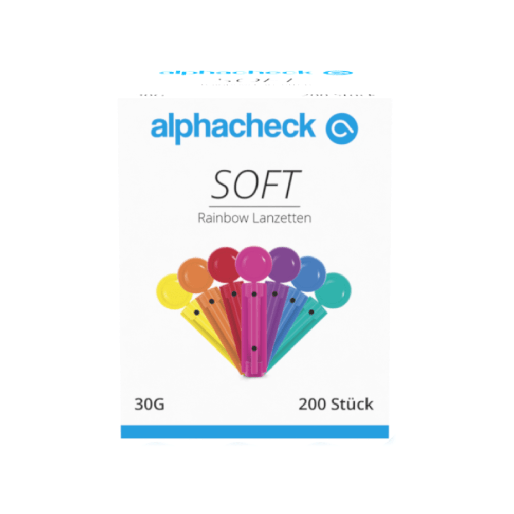 A white box with the inscription "Alphacheck soft Rainbow Lancets, various sizes" shows an image of colorful, fan-shaped arranged lancets. The additional text reads "30G" and "200 pieces," while the Berger Med GmbH logo is visible at the top of the box - perfect for blood collection with your lancing device.