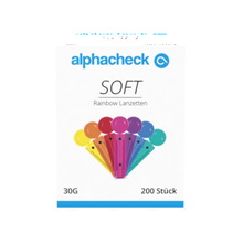 A white box with the inscription "Alphacheck soft Rainbow Lancets, various sizes" shows an image of colorful, fan-shaped arranged lancets. The additional text reads "30G" and "200 pieces," while the Berger Med GmbH logo is visible at the top of the box - perfect for blood collection with your lancing device.